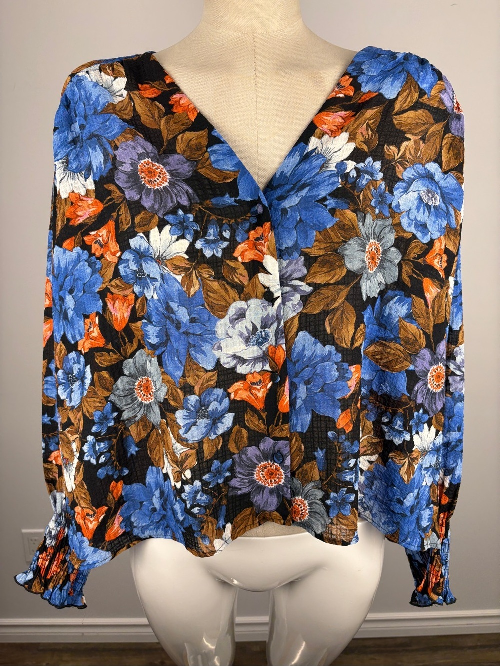 Zara Blue Orange Floral Plunge Mini Dress Top Size S Textured Plisse V-Neck Boho